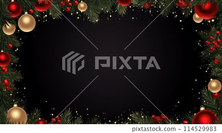 Christmas mock-up. Decorative frame with gold and red balls, spruce needles and holly berries on black background. Christmas mock-up. Decorative frame with gold and red balls, spruce needles and holly berries on black background. 114529983
