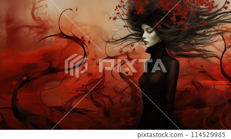 Abstract gothic autumn. Pretty pale woman in black dress with red leaves in her flying long hair on windy red and black background. Abstract gothic autumn. Pretty pale woman in black dress with red leaves in her flying long hair on windy red and black background. 114529985