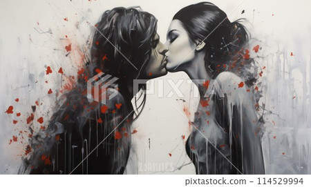 Handsome long-haired young man kisses a pretty young woman, side view, abstract background. 114529994