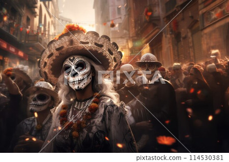 Elderly woman in traditional Mexican costume and skull makeup celebrate with a crowd of people the day of the dead in the street, selective focus. 114530381