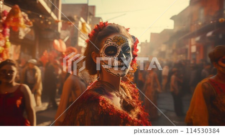 Young pretty woman in traditional Mexican costume and skull makeup celebrate the day of the dead in the street, selective focus. Young pretty woman in traditional Mexican costume and skull makeup celebrate the day of the dead in the street, selective focus. 114530384