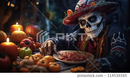 Elderly Mexican man in traditional costume and skull makeup sits at a festive meal of the day of the dead, selective focus. Elderly Mexican man in traditional costume and skull makeup sits at a festive meal of the day of the dead, selective focus. 114530385