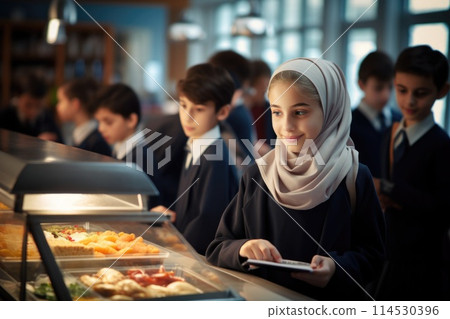 A schoolchild in the school cafeteria. Time of lunch break, peculiarities of the school meal, snack A schoolchild in the school cafeteria. Time of lunch break, peculiarities of the school meal, snack 114530396