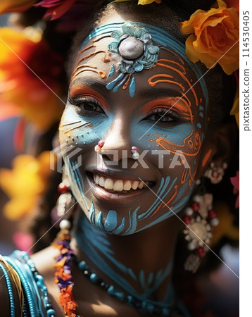 Carnival in Barranquilla, Colombia: A dazzling spectacle of vibrant costumes, rhythmic music, and lively dances, celebrating the city's rich cultural heritage and festive spirit. 114530405