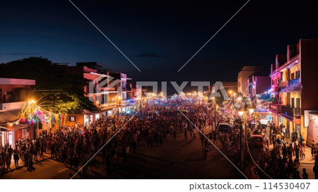 Carnival in Barranquilla, Colombia: A dazzling spectacle of vibrant costumes, rhythmic music, and lively dances, celebrating the city's rich cultural heritage and festive spirit. 114530407