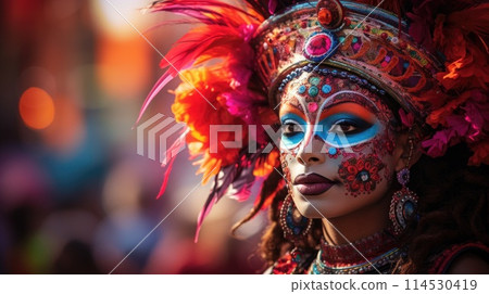 Carnival in Barranquilla, Colombia: A dazzling spectacle of vibrant costumes, rhythmic music, and lively dances, celebrating the city's rich cultural heritage and festive spirit. 114530419
