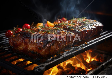 The aesthetics of roasted meat, grilled, savory and hearty, steak, cooking menu, deep-fried in large chunks, hot and cold dish, unhealthy and delicious product tasty . 114530420