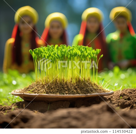 Celebrating renewal with sprouted wheat grass: happy nowruz, a festive homage to nature's rebirth, cultural traditions, and the joyous spirit of persian new year, embracing health and vitality. Celebrating renewal with sprouted wheat grass: happy nowruz, a festive homage to nature's rebirth, cultural traditions, and the joyous spirit of persian new year, embracing health and vitality. 114530422