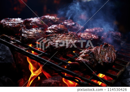 The aesthetics of roasted meat, grilled, savory and hearty, steak, cooking menu, deep-fried in large chunks, hot and cold dish, unhealthy and delicious product tasty . 114530426
