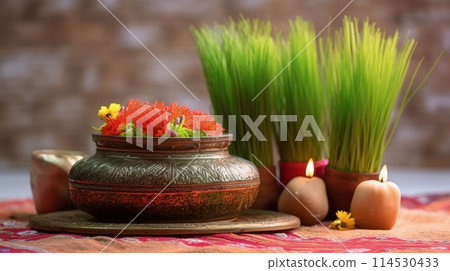 Celebrating renewal with sprouted wheat grass: happy nowruz, a festive homage to nature's rebirth, cultural traditions, and the joyous spirit of persian new year, embracing health and vitality. 114530433