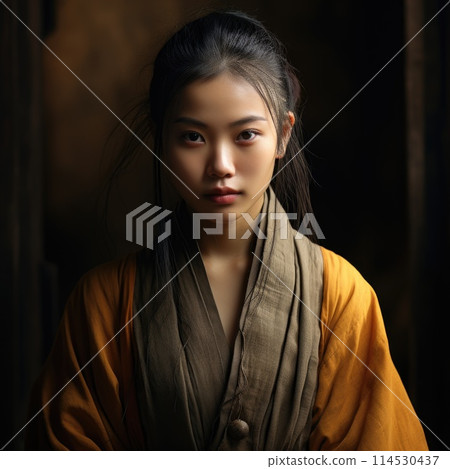 China young female shaolin asia monk in monastery. Spiritual development tranquility, yin yang balance, ascetic, Buddhist monastery, novices Shaolin Temple. 114530437