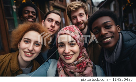 Global smiles: capturing joy in group selfies of cheerful and happy young people diverse nationalities, celebrating unity, friendship, cultural harmony in shared moments of happiness and togetherness. 114530483