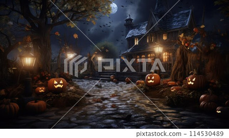 Burning pumpkin faces and lights next to the witch house in the Halloween night. Burning pumpkin faces and lights next to the witch house in the Halloween night. 114530489
