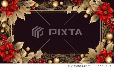 Decorative floral frame with red flowers and gold leaves on black background, mock-up. 114530523