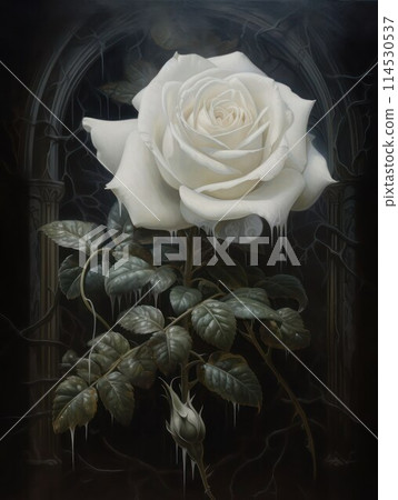 Beautiful flowing down white rose on black gothic smoky background, close-up, vertical image. Beautiful flowing down white rose on black gothic smoky background, close-up, vertical image. 114530537