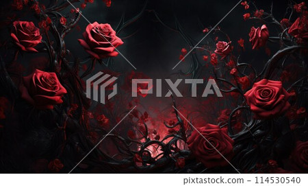 Beautiful bloody red roses with black foliage and sharp thorns on black background. 114530540