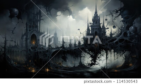 Abstract surreal gothic black castle hanging between heaven and earth, sharp lines and twilight. 114530543