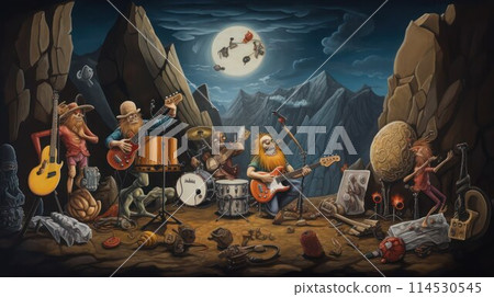 Freak zombie rock band performs on stage among the rocks in an other world. 114530545