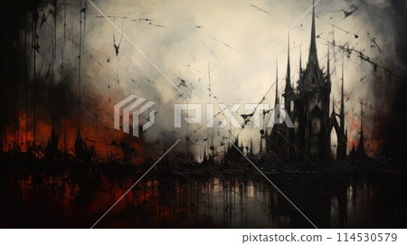 Abstract surreal gothic background with castle, sharp lines and black water, landscape. Abstract surreal gothic background with castle, sharp lines and black water, landscape. 114530579