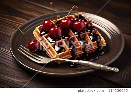 Delicious Viennese waffles with fresh cherry, chocolate and a fork on brown plate on wooden table, close-up. 114530635