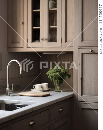 Fragment of modern kitchen design interior, sink and cupboards, vertical image. 114530637