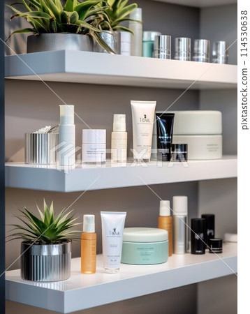 Beautiful cosmetic jars with natural product and live plants on a shelves in a modern beauty salon, eco style. 114530638
