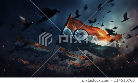India Republic Day. A vibrant scene unfolds on India Republic Day: Tri-color flags flutter in the patriotic breeze as people celebrate democracy, unity, and national pride. 114530766