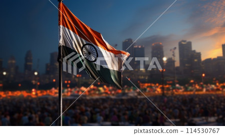 India Republic Day. A vibrant scene unfolds on India Republic Day: Tri-color flags flutter in the patriotic breeze as people celebrate democracy, unity, and national pride. 114530767