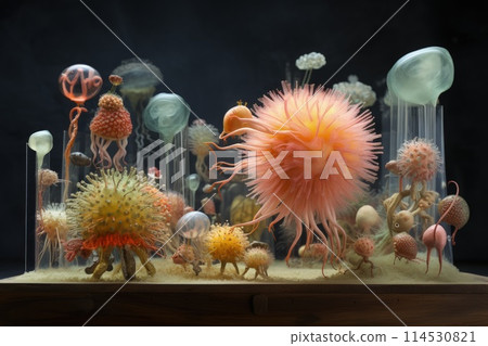 In the microscopic realm, a vibrant microbe dances, form intricate surreal. A symphony of colors shapes, it embodies unseen beauty of microbial world, a tiny marvel thriving in unseen corners of life. 114530821