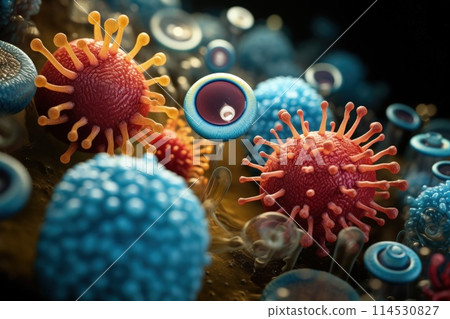 In the microscopic realm, a vibrant microbe dances, form intricate surreal. A symphony of colors shapes, it embodies unseen beauty of microbial world, a tiny marvel thriving in unseen corners of life. 114530827