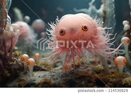In the microscopic realm, a vibrant microbe dances, form intricate surreal. A symphony of colors shapes, it embodies unseen beauty of microbial world, a tiny marvel thriving in unseen corners of life. 114530829