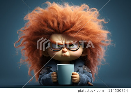 Whimsical morning: animated female character savoring a cup of coffee, blending charm and vibrancy of creative storytelling and lively expressions. Whimsical morning: animated female character savoring a cup of coffee, blending charm and vibrancy of creative storytelling and lively expressions. 114530834