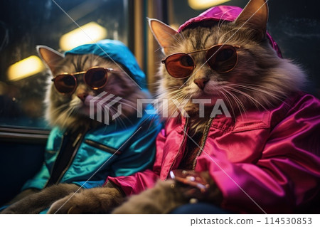 cats portrait with sunglasses, Funny animals in a group together looking at the camera, wearing clothes, having fun together, taking a selfie, An unusual moment full of fun and fashion consciousness. cats portrait with sunglasses, Funny animals in a group together looking at the camera, wearing clothes, having fun together, taking a selfie, An unusual moment full of fun and fashion consciousness. 114530853