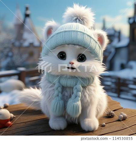White cartoon bear with cuddly demeanor wears cozy scarf and mittens, exuding warmth. Playful and adorable, bear embodies charm of winter with touch of festive magic, heartwarming in snowy wonderland. White cartoon bear with cuddly demeanor wears cozy scarf and mittens, exuding warmth. Playful and adorable, bear embodies charm of winter with touch of festive magic, heartwarming in snowy wonderland. 114530855