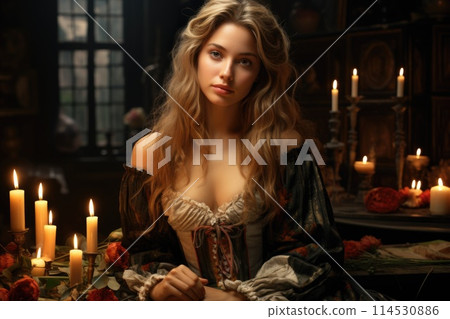 Pretty lady. In the enchanting ambiance of a tavern, a beautiful girl captivates with her charm, adding allure to the conviviality of this social gathering. 114530886