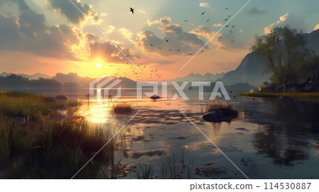 Lakeside at dusk with birds flying Lakeside at dusk with birds flying 114530887