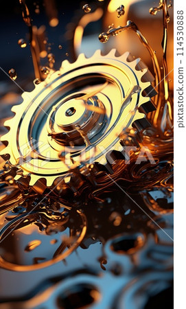 Motor oil in the mechanism of a car engine: care for durability and efficiency. car engine with lubricant oil on repairing. Concept of lubricate motor oil 114530888