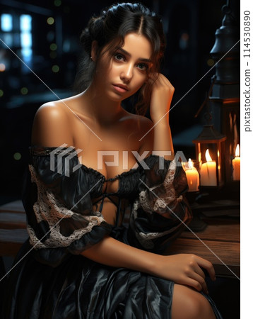 Pretty lady. In the enchanting ambiance of a tavern, a beautiful girl captivates with her charm, adding allure to the conviviality of this social gathering. 114530890