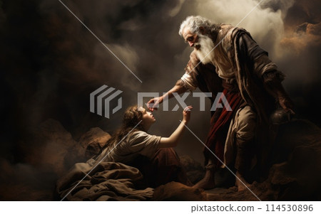 Abrahamic trial: tale of attempted sacrifice, Abraham's profound test faith obedience in offering Isaac to God on Mount Moriah, unraveling divine narrative of devotion and providential intervention. 114530896