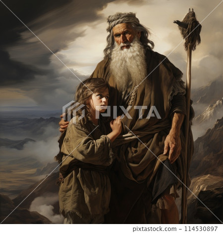 Abrahamic trial: tale of attempted sacrifice, Abraham's profound test faith obedience in offering Isaac to God on Mount Moriah, unraveling divine narrative of devotion and providential intervention. 114530897