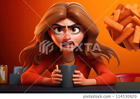 Whimsical morning: animated female character savoring a cup of coffee, blending charm and vibrancy of creative storytelling and lively expressions. Whimsical morning: animated female character savoring a cup of coffee, blending charm and vibrancy of creative storytelling and lively expressions. 114530920