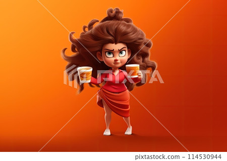 Whimsical morning: animated female character savoring a cup of coffee, blending charm and vibrancy of creative storytelling and lively expressions. 114530944