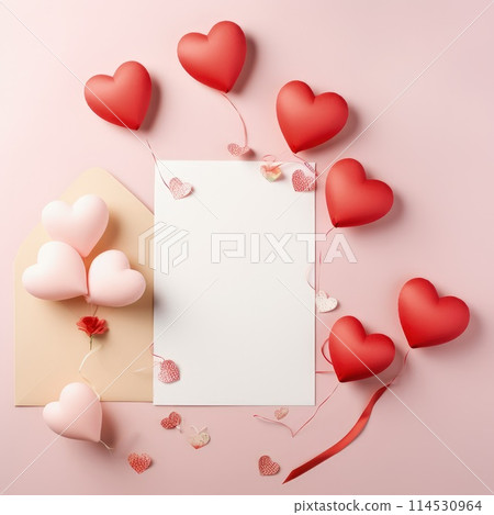 Capturing love: a stylish Valentine's Day mockup with copy space frame, perfect for creating personalized cards, digital displays, and romantic designs in a trendy and festive atmosphere. 114530964