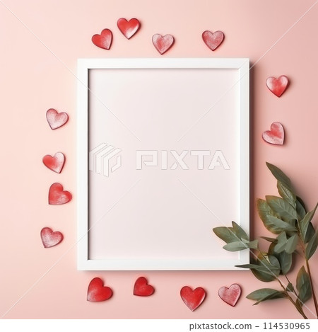 Capturing love: a stylish Valentine's Day mockup with copy space frame, perfect for creating personalized cards, digital displays, and romantic designs in a trendy and festive atmosphere. 114530965