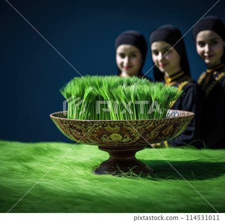 Celebrating renewal with sprouted wheat grass: happy nowruz, a festive homage to nature's rebirth, cultural traditions, and the joyous spirit of persian new year, embracing health and vitality. 114531011