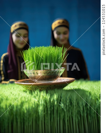 Celebrating renewal with sprouted wheat grass: happy nowruz, a festive homage to nature's rebirth, cultural traditions, and the joyous spirit of persian new year, embracing health and vitality. 114531015