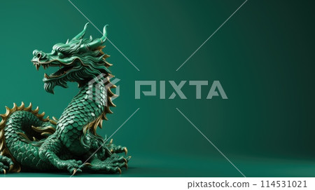 In a joyous celebration of Happy Chinese New Year, a vibrant Green Dragon dances through festive streets, symbolizing prosperity, good luck, lively spirit of traditional Lunar New Year festivities. 114531021