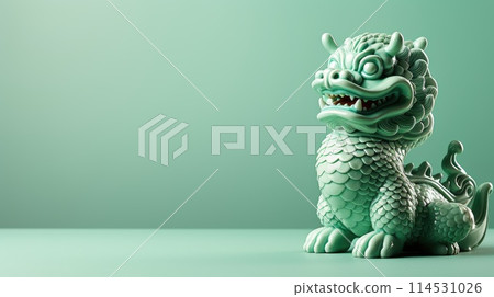 In a joyous celebration of Happy Chinese New Year, a vibrant Green Dragon dances through festive streets, symbolizing prosperity, good luck, lively spirit of traditional Lunar New Year festivities. 114531026