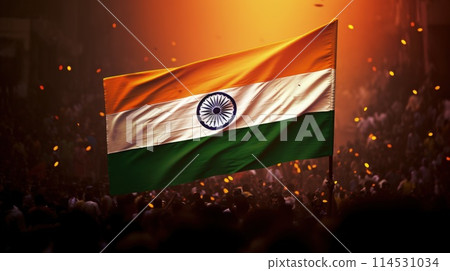 India Republic Day. A vibrant scene unfolds on India Republic Day: Tri-color flags flutter in the patriotic breeze as people celebrate democracy, unity, and national pride. 114531034