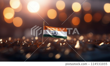 India Republic Day. A vibrant scene unfolds on India Republic Day: Tri-color flags flutter in the patriotic breeze as people celebrate democracy, unity, and national pride. 114531035